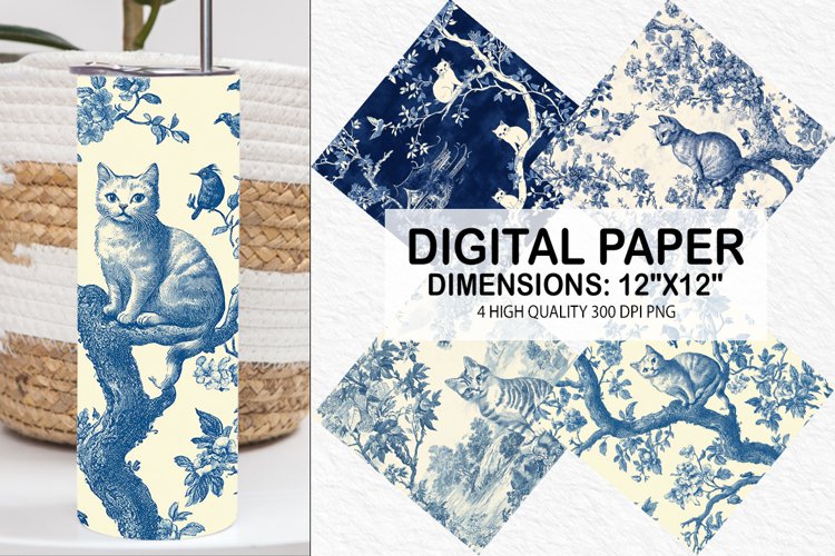 Cat Toile Chinoiserie Damask Digital Paper example image 1