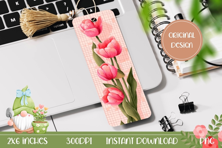 Printable Bookmark PNG, Pink Tulips Bookmark Template