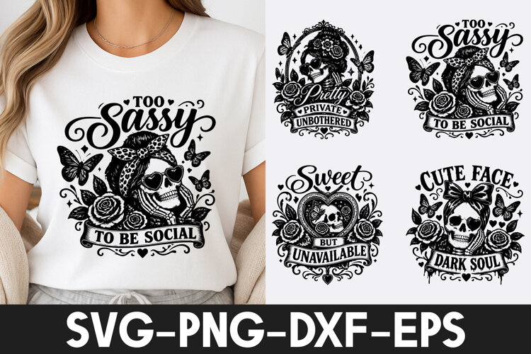Too Sassy Skull SVG PNG, Gothic Rose Butterfly Design example image 1