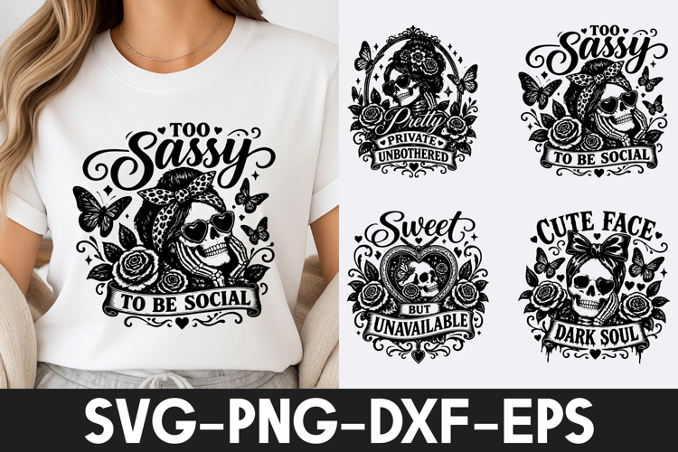 Too Sassy Skull SVG PNG, Gothic Rose Butterfly Design