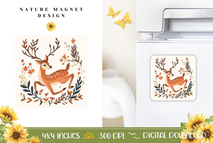 Cartoon Deer Magnet Print, Floral Animals Magnet PNG