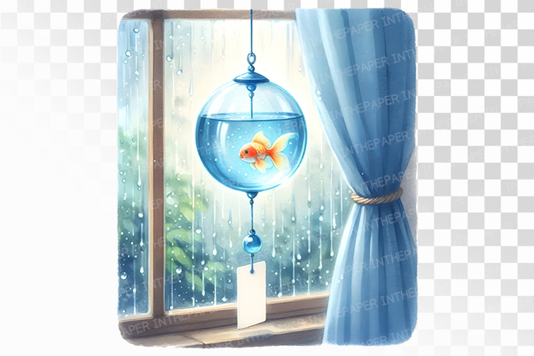 Goldfish in Hanging Glass Bowl Rainy Window Scene PNG