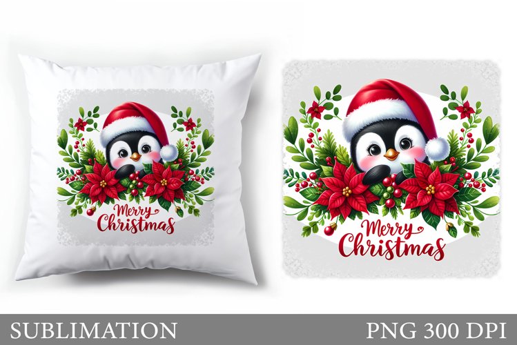 Cute Penguin Pillow Design. Christmas Pillow Sublimation example image 1