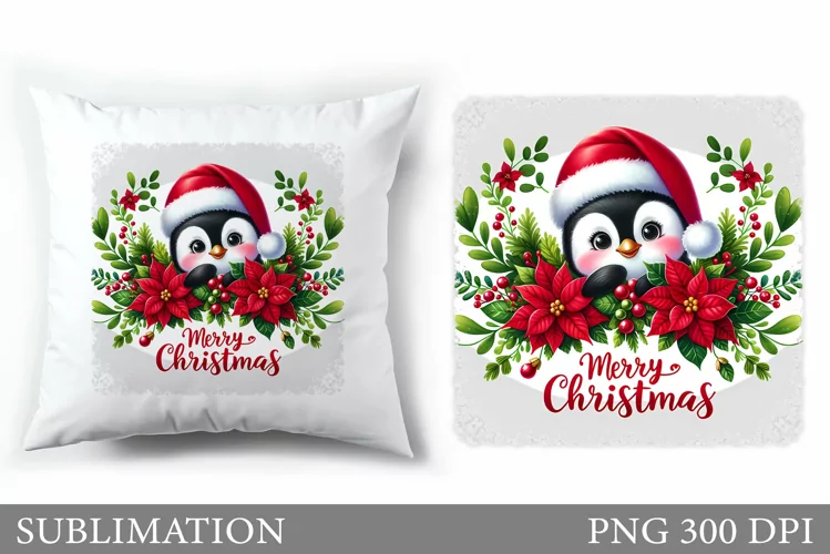 Cute Penguin Pillow Design. Christmas Pillow Sublimation