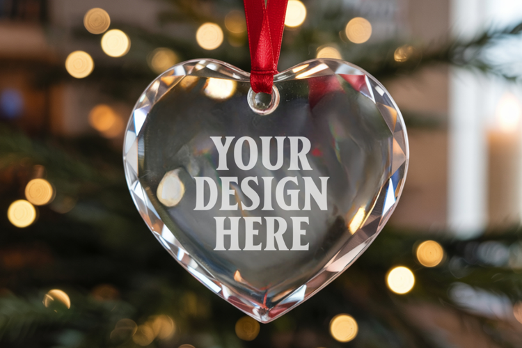 Christmas Heart Crystal Glass Ornament Mockup | Clear Heart