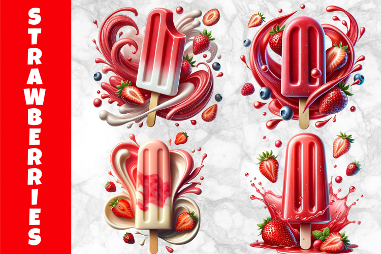 Strawberry Popsicle Clipart, Summer Ice-Cream Print