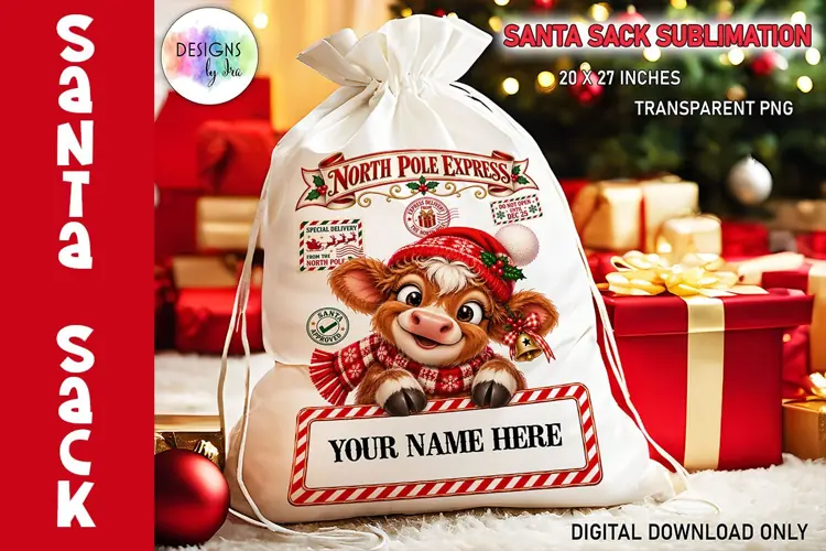 Highland Cow Santa Sack Christmas Sublimation PNG
