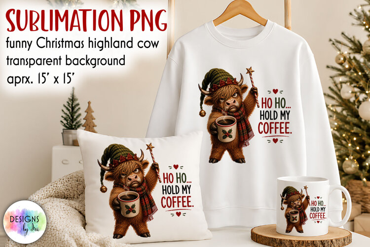 Funny Christmas Highland Cow Sublimation PNG example image 1