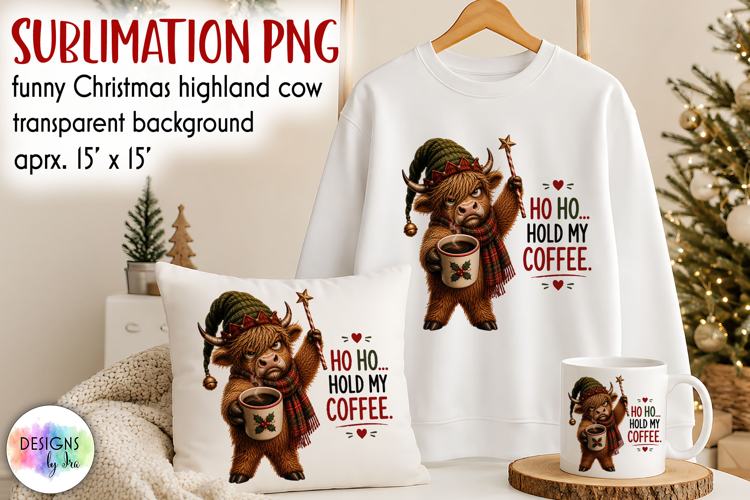 Funny Christmas Highland Cow Sublimation PNG