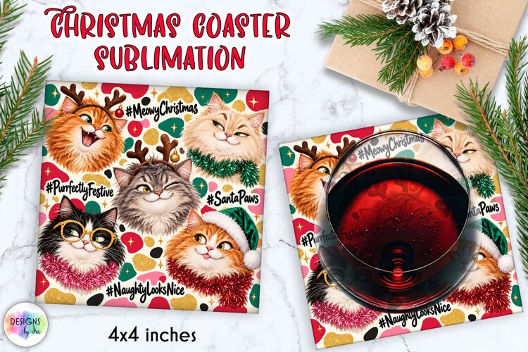 Funny Christmas Fluffy Cat Coaster Sublimation example image 1