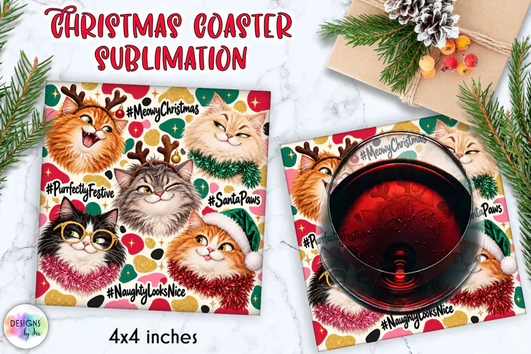 Funny Christmas Fluffy Cat Coaster Sublimation