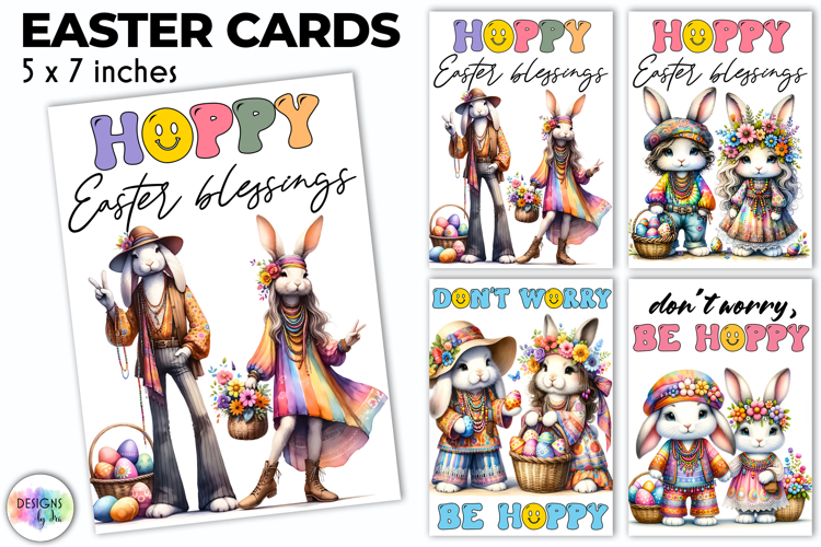Easter Bunny Greeting Cards Cute Boho Printable, Hippie PNG