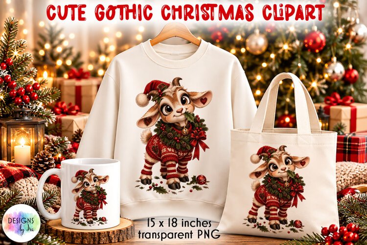 Gothic Christmas Goat with Wreath PNG, Christmas Clipart example image 1