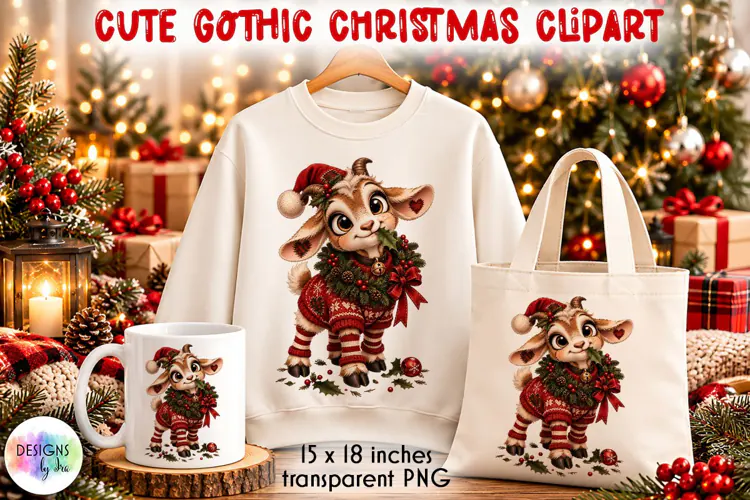 Gothic Christmas Goat with Wreath PNG, Christmas Clipart