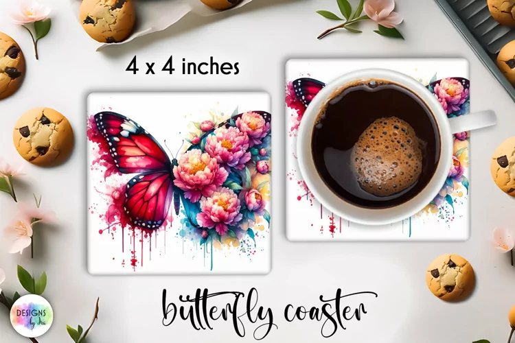 Floral Butterfly Coaster | Watercolour Butterfly Coaster PNG