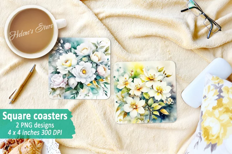 Floral Square Coasters | White flowers Sublimation Coasters