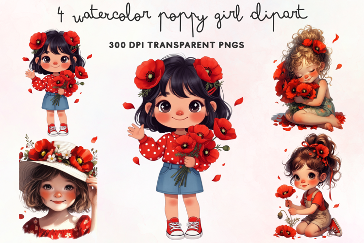 Watercolor Poppy Girl Clipart PNG