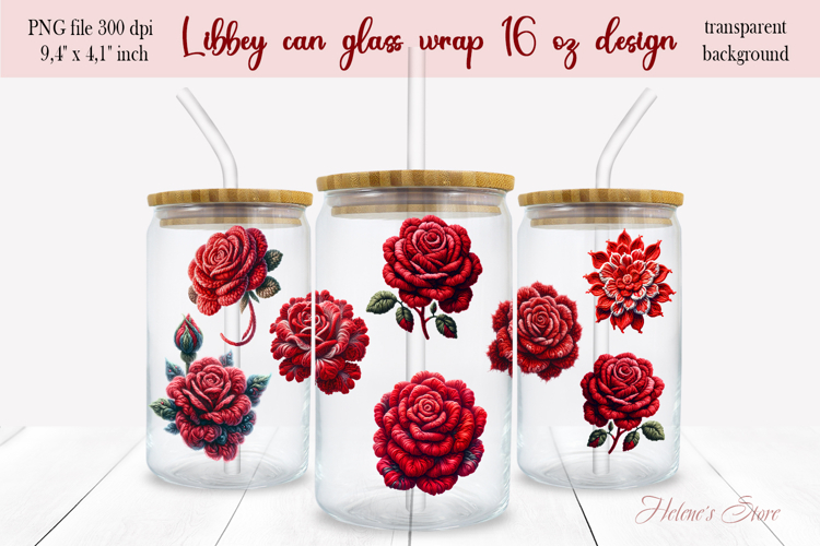 Cute Valentine roses Libbey Can Glass Wrap 16oz design png
