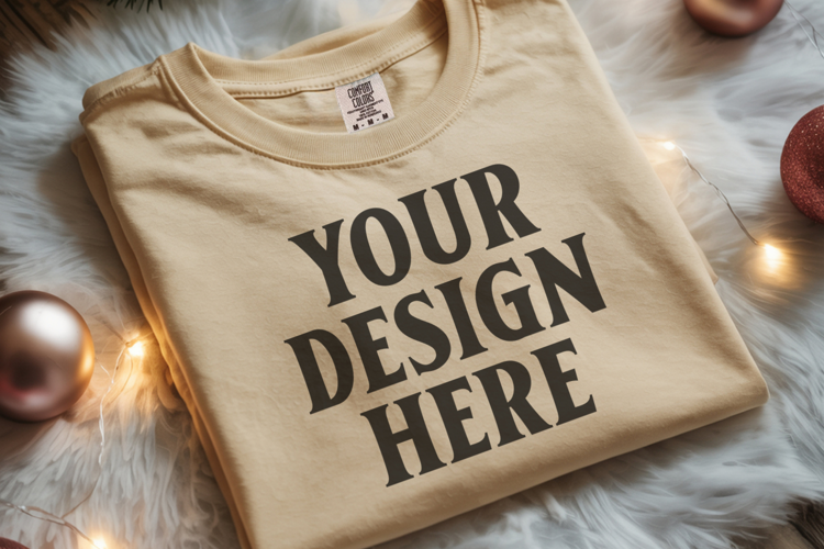 Ivory Comfort Colors 1717 Christmas Folded T-Shirt Mockup