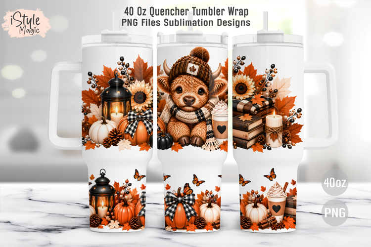 Fall Highland Cow Pumpkin 40oz Tumbler Wrap PNG