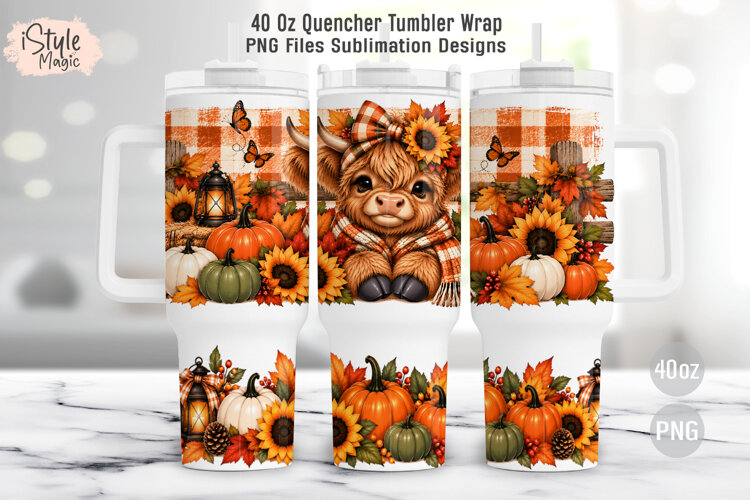 Fall Highland Cow Pumpkin 40oz Tumbler Wrap PNG example image 1