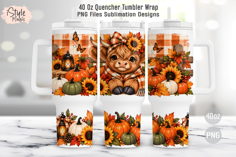 Fall Highland Cow Pumpkin 40oz Tumbler Wrap PNG