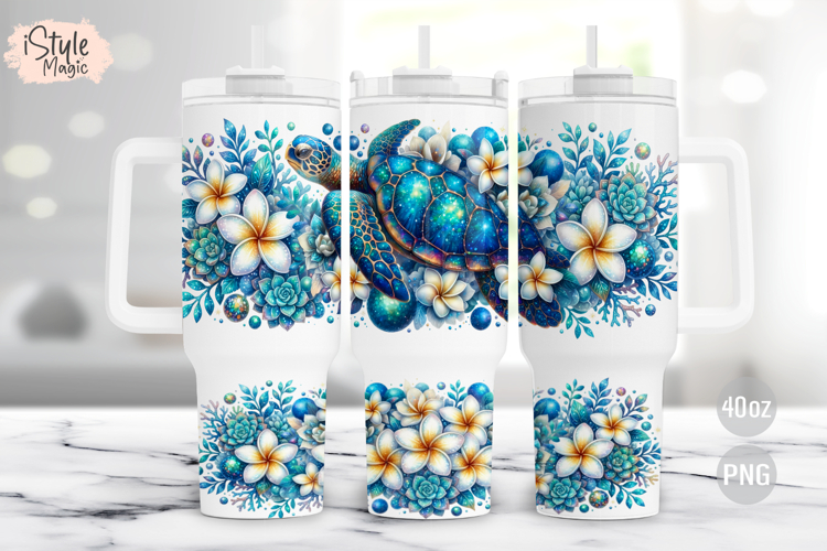 Floral Sea Turtle 40oz Tumbler Wrap PNG Sublimation Design