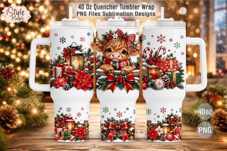 Christmas Highland Cow 40oz Tumbler Wrap PNG example image 1