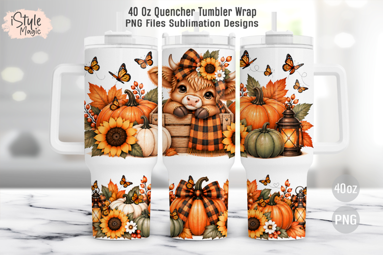 Fall Highland Cow Pumpkin 40oz Tumbler Wrap PNG