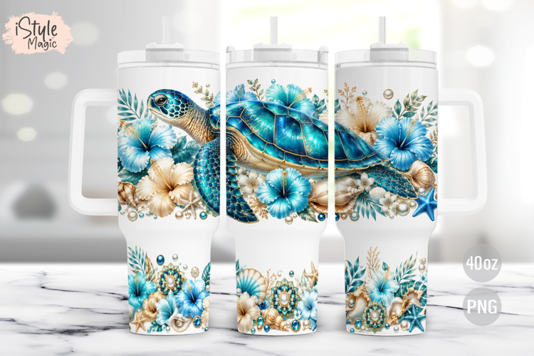 Floral Sea Turtle 40oz Tumbler Wrap PNG Sublimation Design
