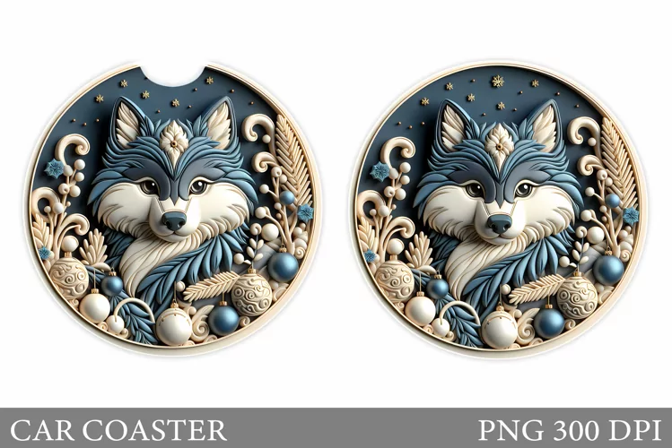 Wolf Car Coaster Sublimation. Christmas Car Coaster Design