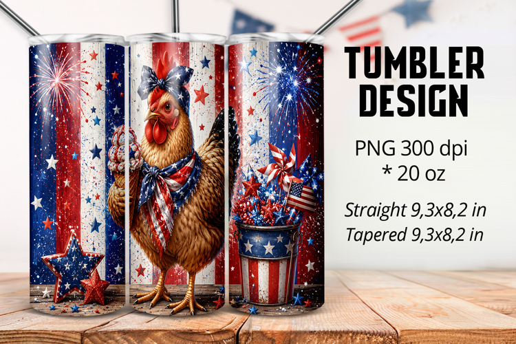 Patriotic Chicken Tumbler Wrap 20oz PNG, Sublimation Design example image 1
