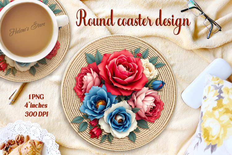 Delicate vintage floral round coaster sublimation design png