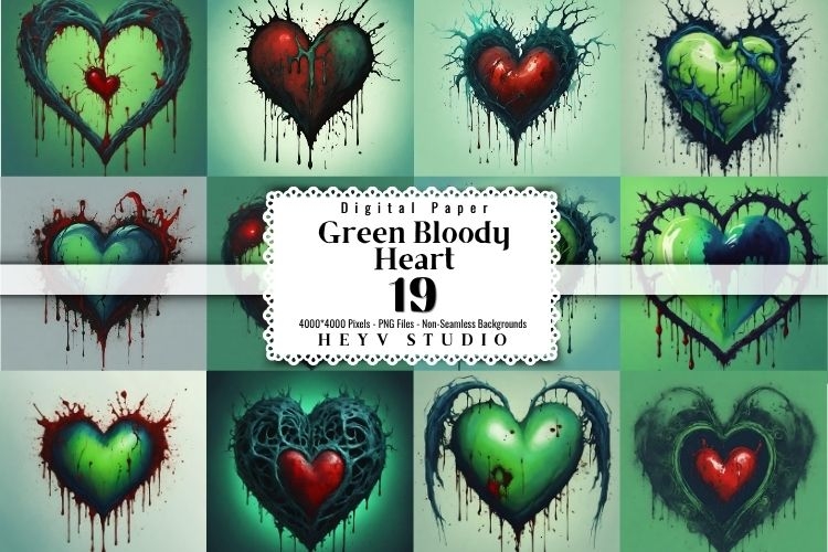 Green Halloween Bloody Heart digital paper, Frankenstein Vib