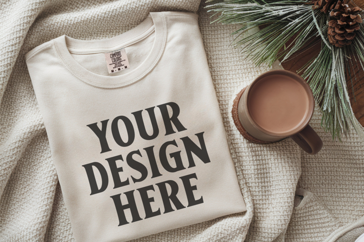 Ivory Comfort Colors 1717 Christmas Folded T-Shirt Mockup