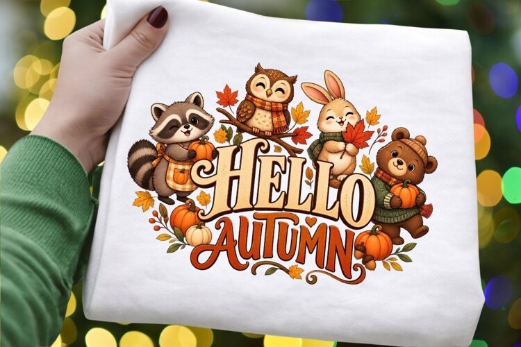 Hello Autumn PNG, Cute Woodland Animals Fall Sublimation example image 1