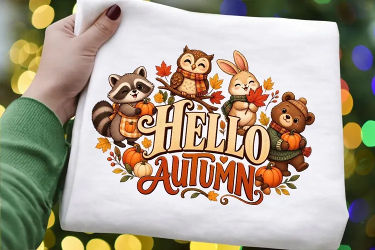 Hello Autumn PNG, Cute Woodland Animals Fall Sublimation