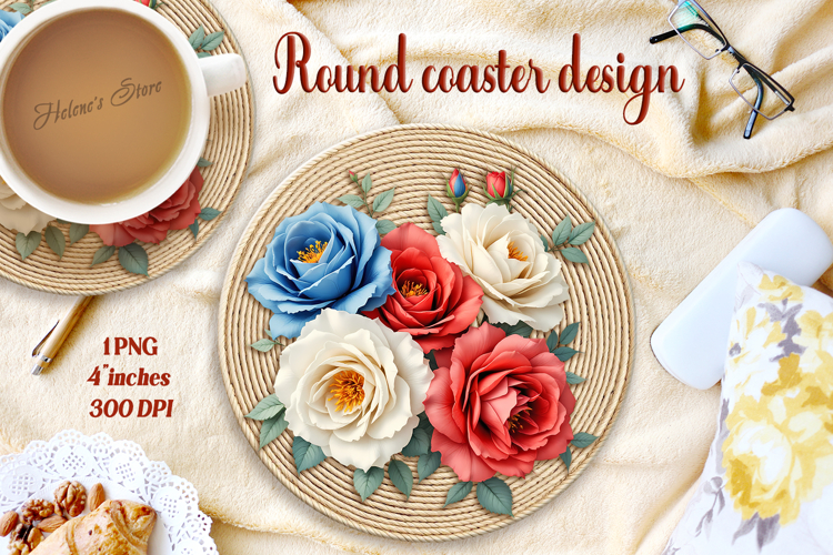 Delicate vintage floral round coaster sublimation design png