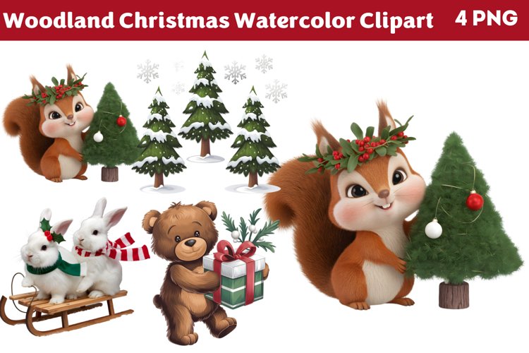 Woodland Christmas Watercolor Clipart PNG