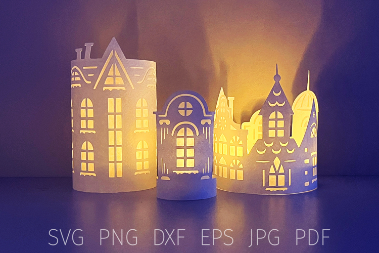 Christmas houses lantern svg bundle, paper template