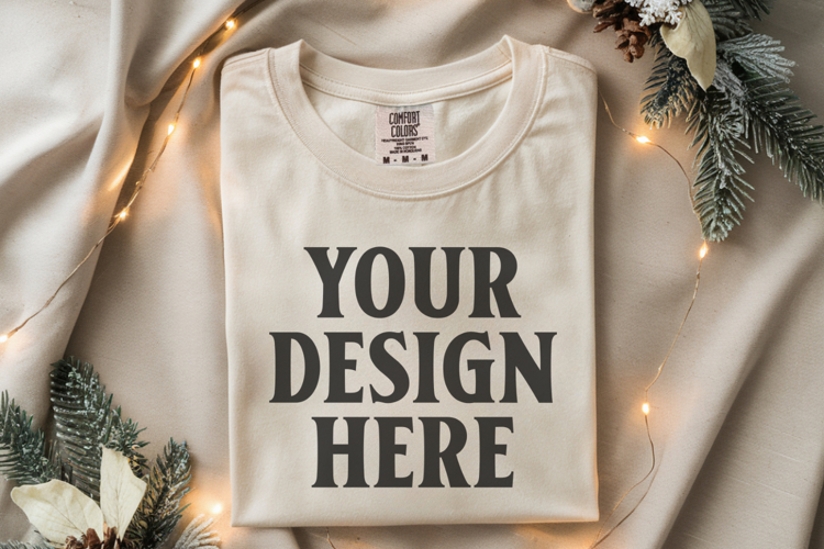 Ivory Comfort Colors 1717 Christmas Folded T-Shirt Mockup