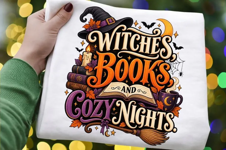 Witches, Books & Cozy Nights PNG, Halloween Book Lover