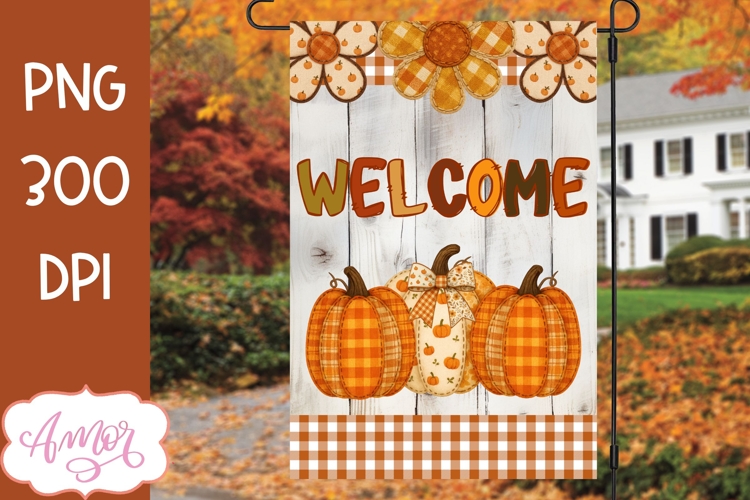 Welcome fall garden flag sublimation design, Fall pumpkins