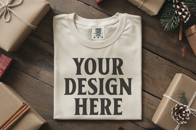 Ivory Comfort Colors 1717 Christmas Folded T-Shirt Mockup