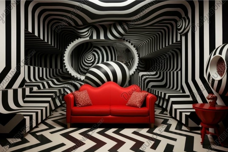 Abstract geometric room with red sofa