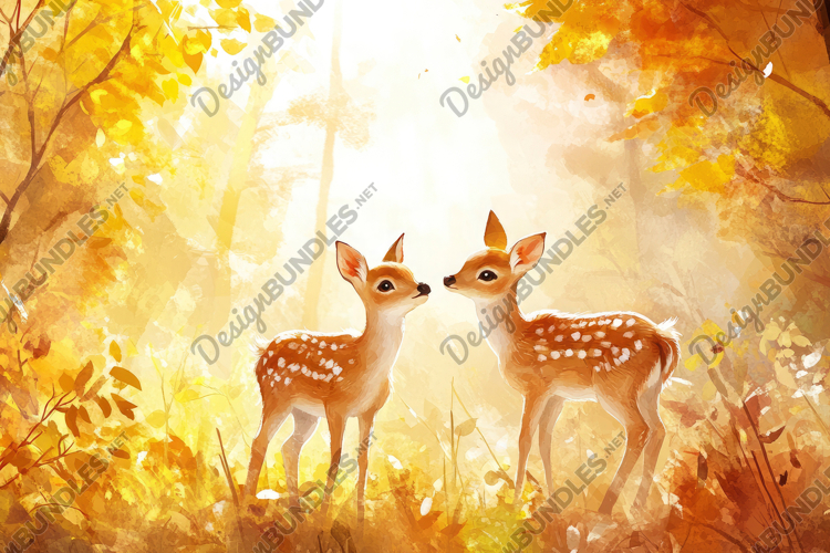 Cute Deers in the Forest Painting Background Wallpaper