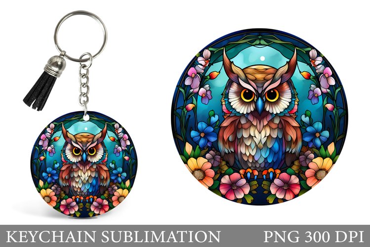 Stained Glass Owl Keychain. Owl Flowers Round Keychain example image 1