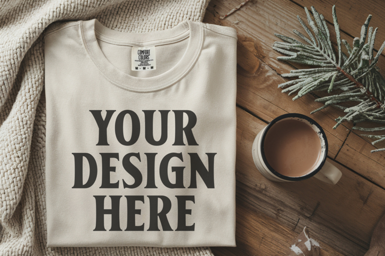 Ivory Comfort Colors 1717 Christmas Folded T-Shirt Mockup