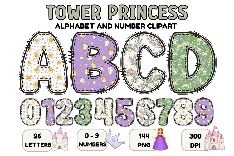 Tower Princess Alphabet Clipart PNG, Letters doodle 300 DPI