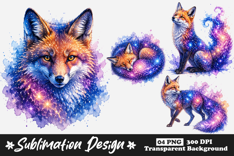 Cosmic Fox Watercolor Sublimation PNG for T Shirt and Mug example image 1